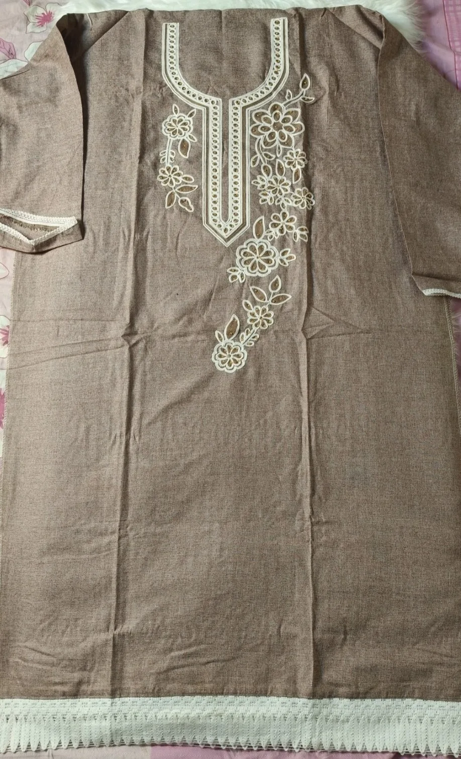 Elegant Coffee Brown Cotton Embroidery Three-Piece