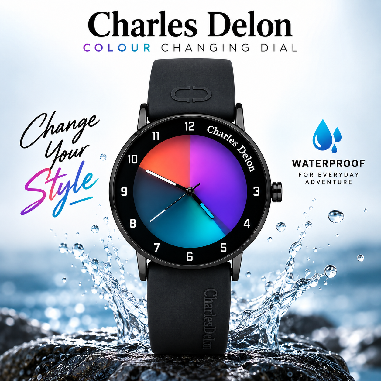 Charles Delon Waterproof Color-Changing Dial Watch, Unisex Ash Silicone Strap Gradient Dial Wristwatch