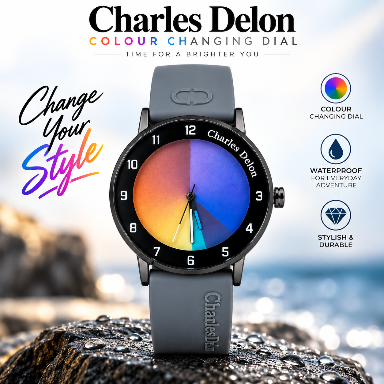 Charles Delon Waterproof Color-Changing Dial Watch, Unisex Ash Silicone Strap Gradient Dial Wristwatch