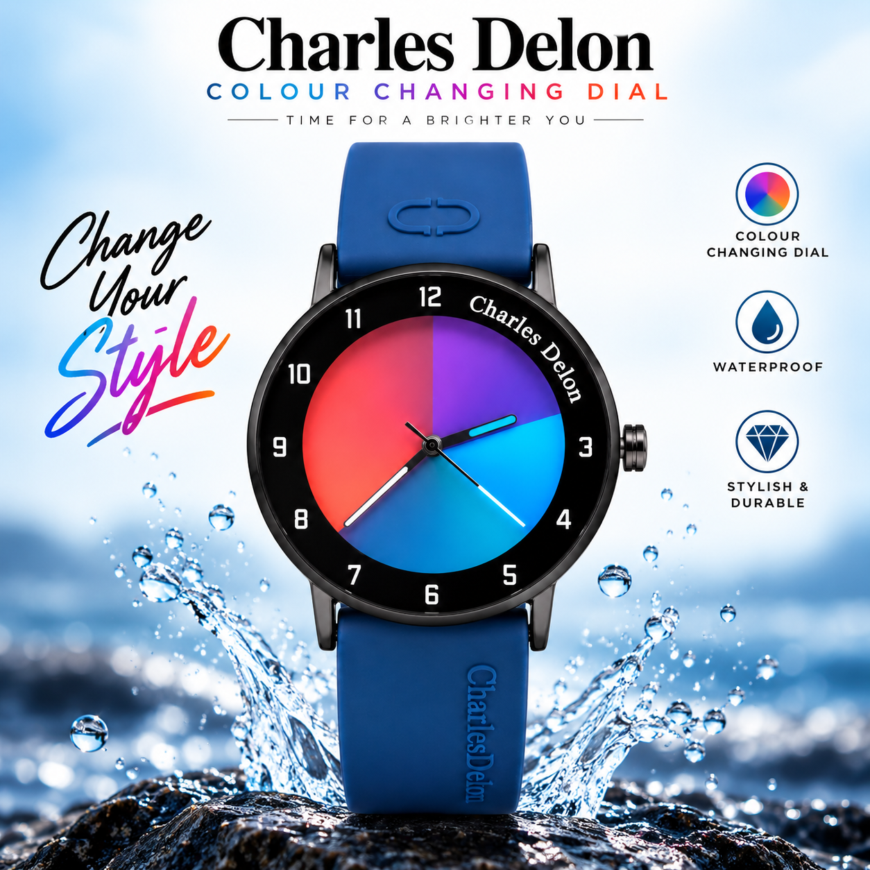 Charles Delon Waterproof Color-Changing Dial Watch, Unisex Ash Silicone Strap Gradient Dial Wristwatch