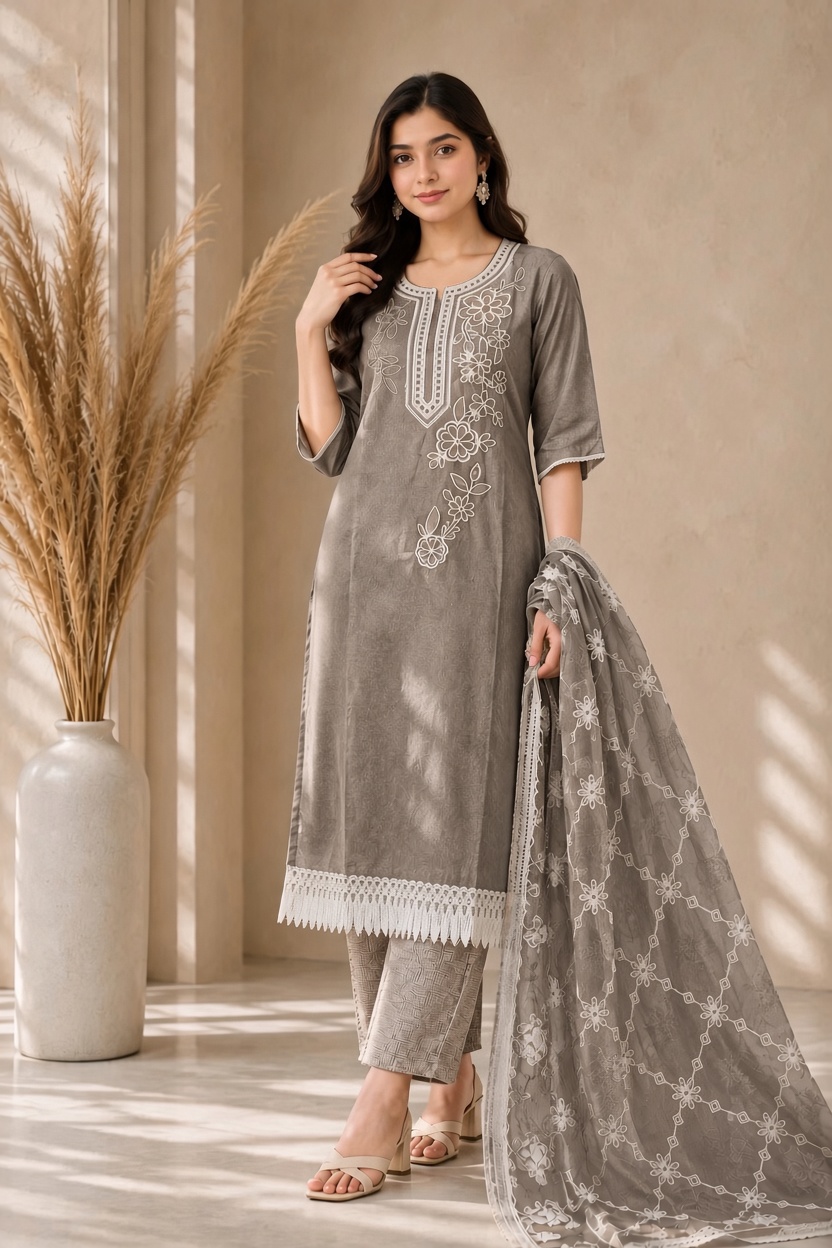 Elegant Coffee Brown Cotton Embroidery Three-Piece
